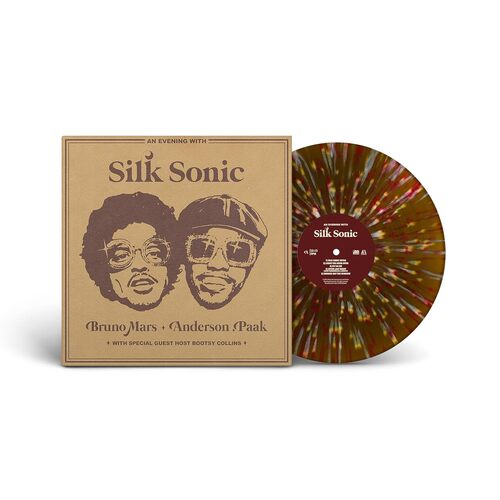 Bruno Mars - An Evening With Silk Sonic (Amazon Exclusive Gold With White And Apple Red Splatter) vinyl cover